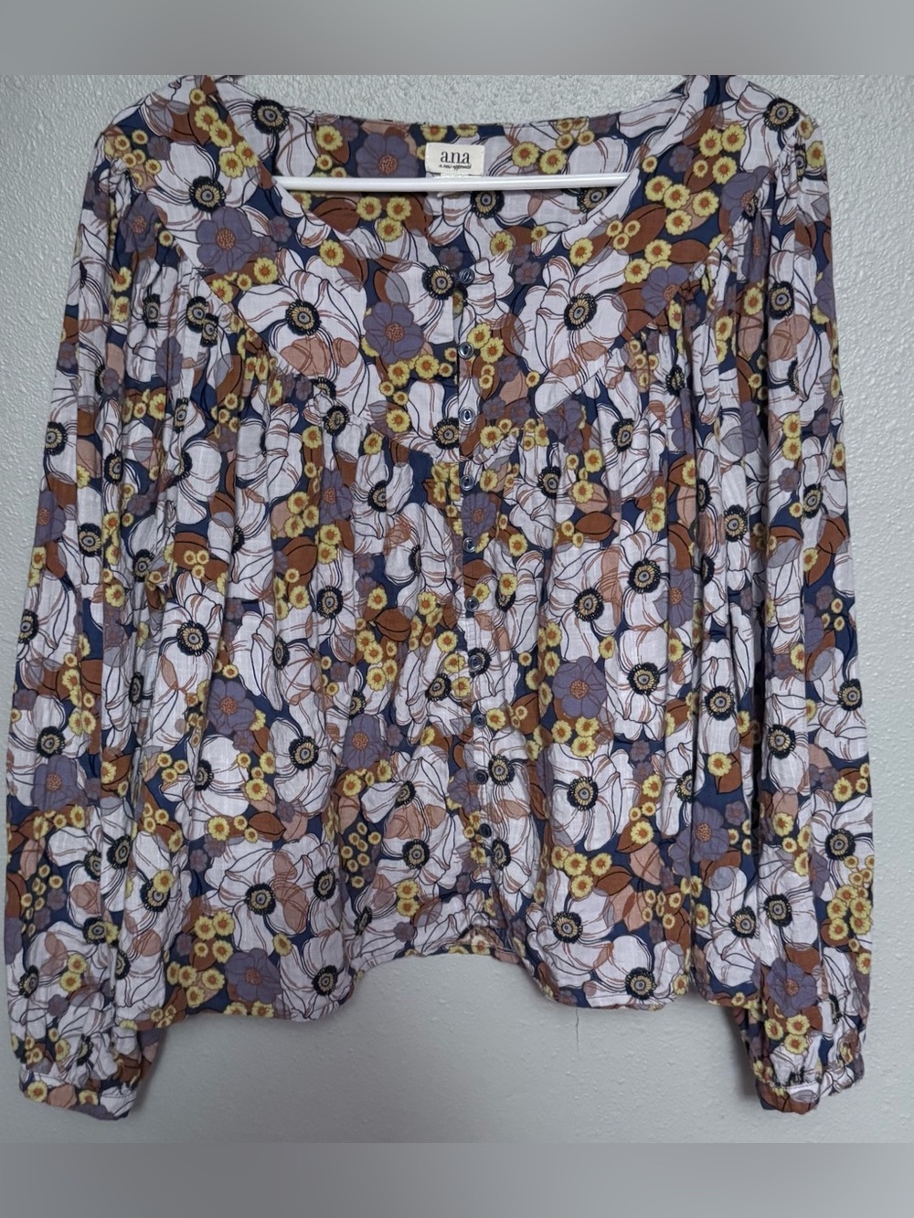a.n.a Floral Peasant Shirt - White, Blue, Brown and Yellow
